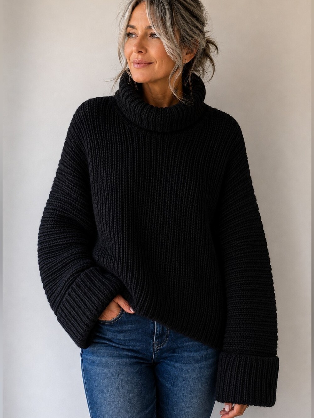 La Ligne Extra Fine Merino Wool Chunky Knit Turtle Neck Sweater In Black Size M